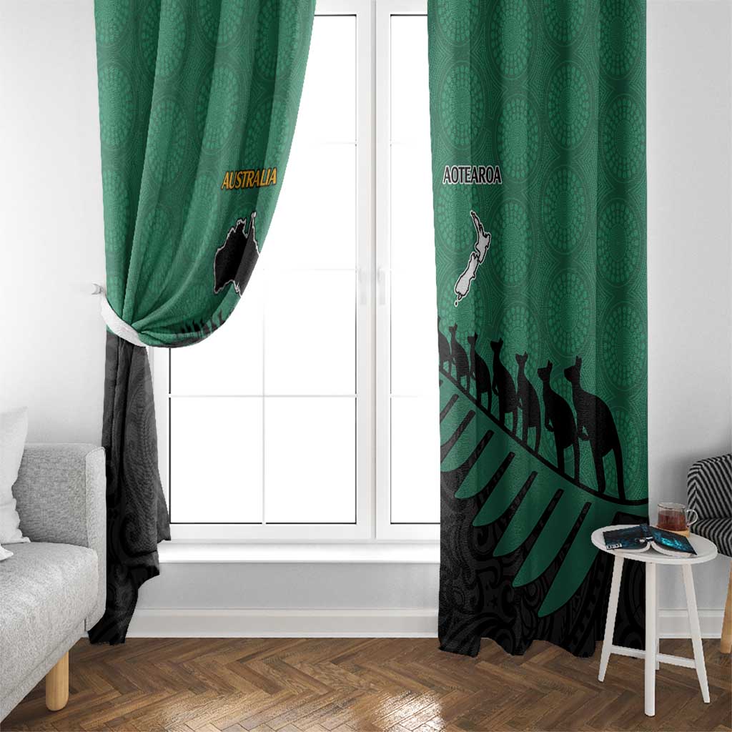 Australia New Zealand Rugby Window Curtain Green Aboriginal Wallabies and Maori Black Fern - Polynesian Pride