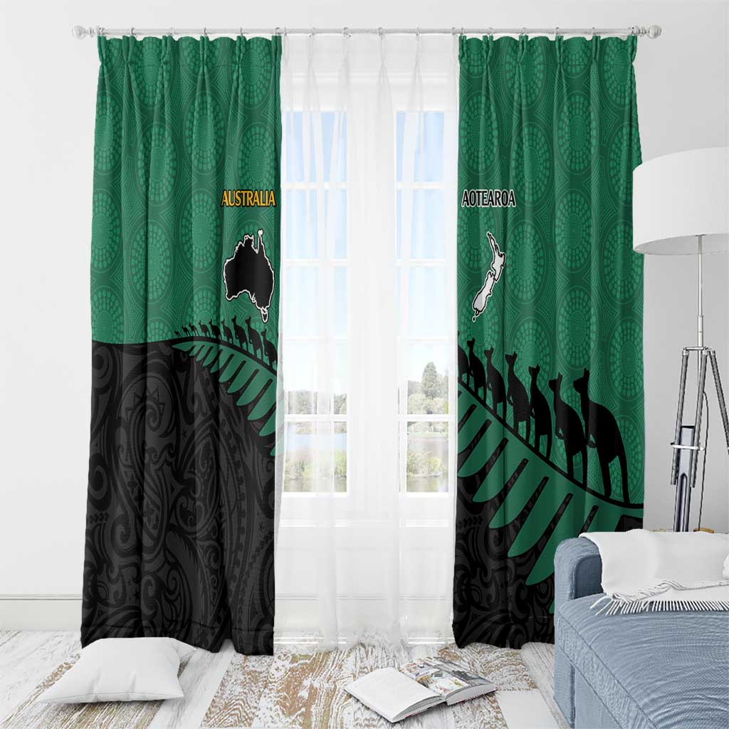 Australia New Zealand Rugby Window Curtain Green Aboriginal Wallabies and Maori Black Fern - Polynesian Pride