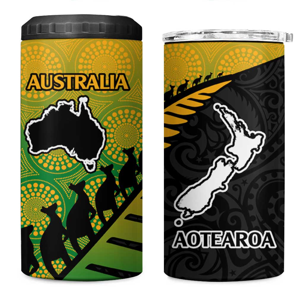 Australia New Zealand Rugby 4 in 1 Can Cooler Tumbler Aboriginal Wallabies and Maori Black Fern Gradient Vibe