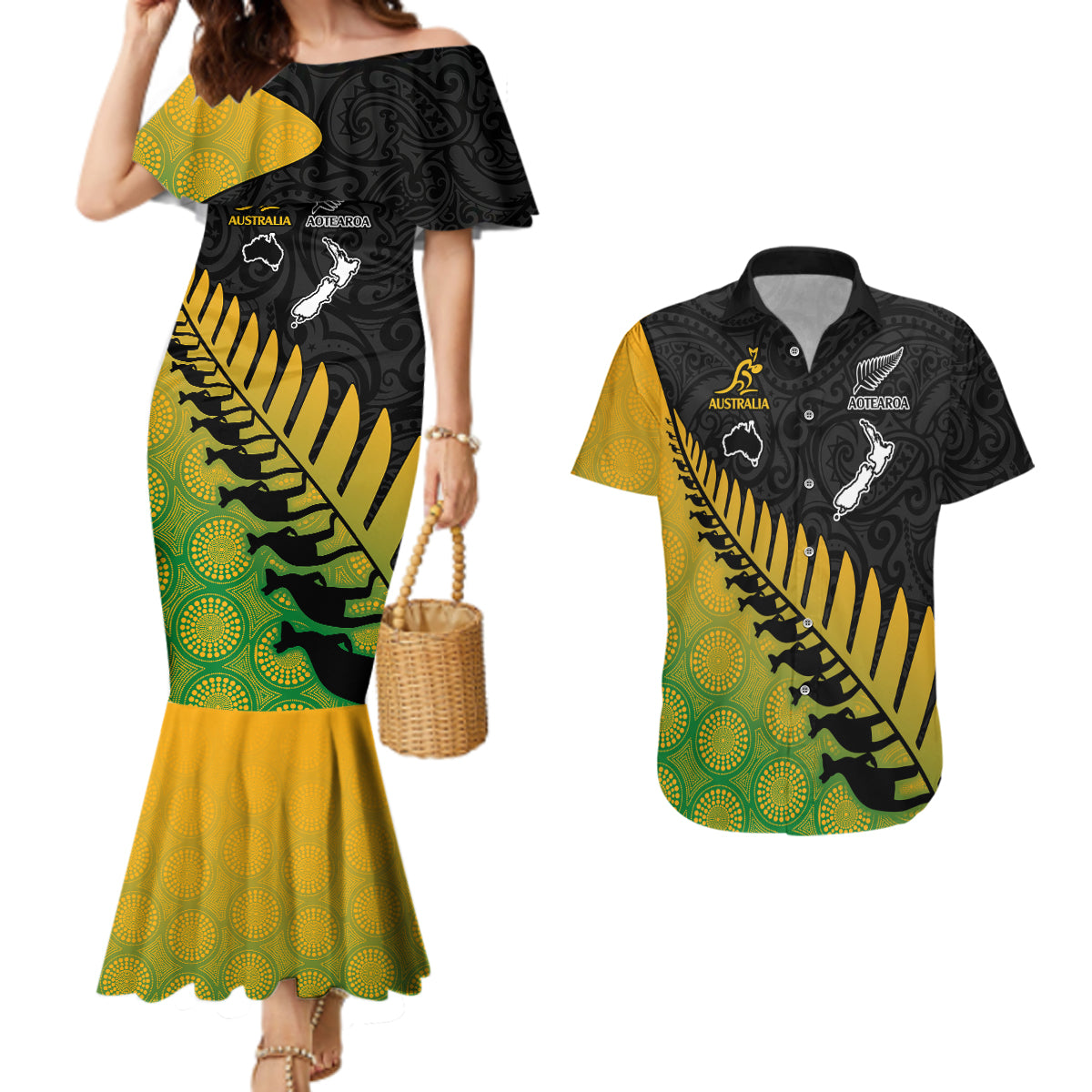 Australia Wallabies and Aotearoa Rugby Couples Matching Mermaid Dress And Hawaiian Shirt Kangaroo Black Fern Maori Gradient Vibe LT9 Gradient - Polynesian Pride