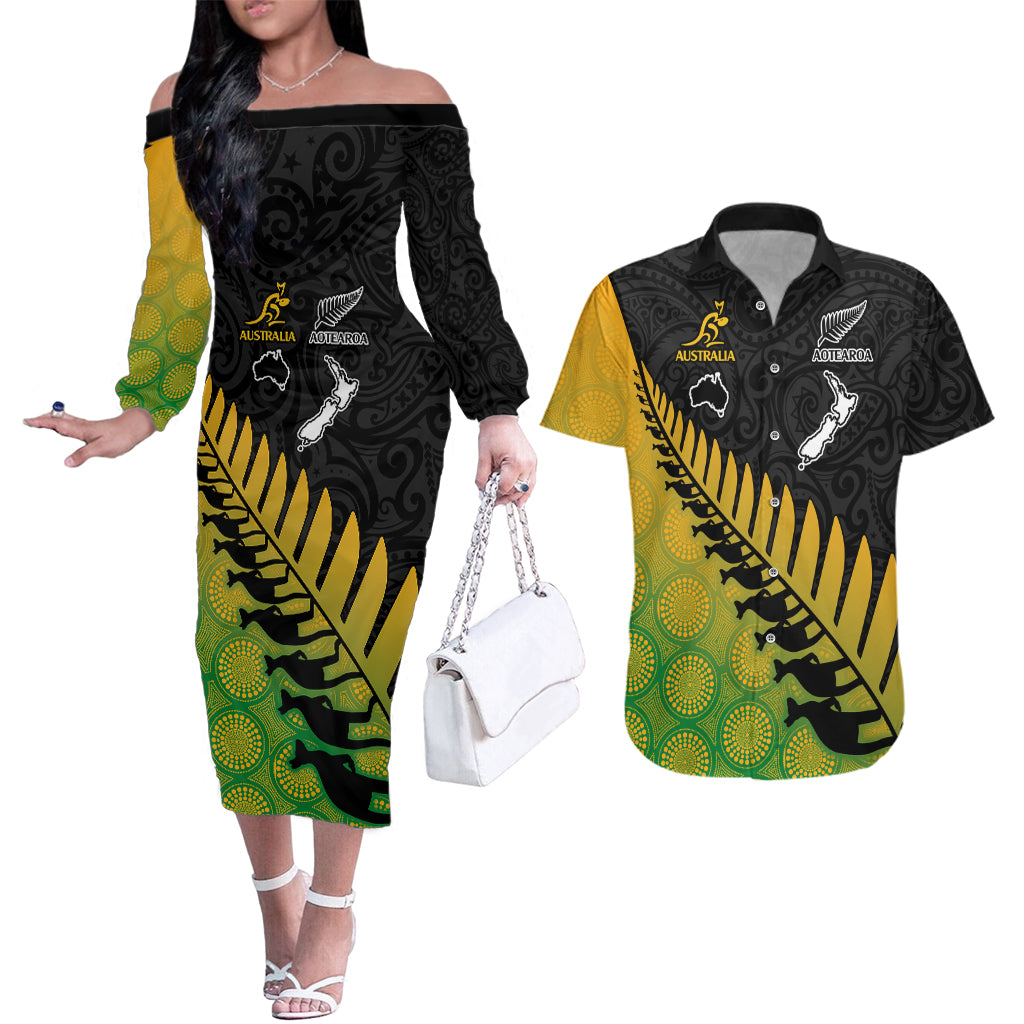 Australia Wallabies and Aotearoa Rugby Couples Matching Off The Shoulder Long Sleeve Dress and Hawaiian Shirt Kangaroo Black Fern Maori Gradient Vibe LT9 Gradient - Polynesian Pride