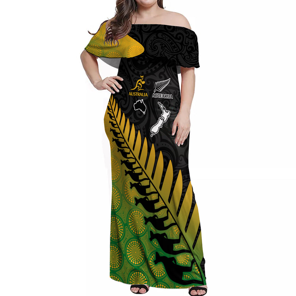 Australia Wallabies and Aotearoa Rugby Off Shoulder Maxi Dress Kangaroo Black Fern Maori Gradient Vibe LT9 Women Gradient - Polynesian Pride