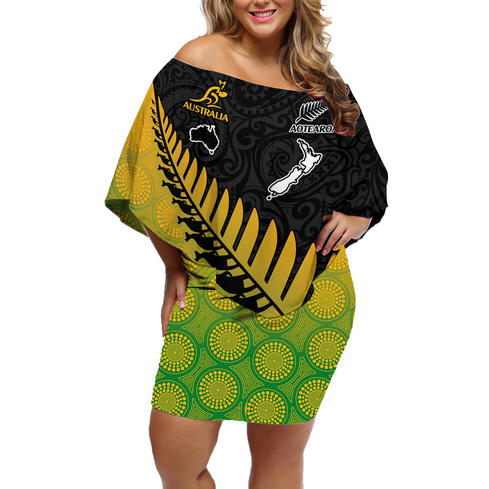 Australia Wallabies and Aotearoa Rugby Off Shoulder Short Dress Kangaroo Black Fern Maori Gradient Vibe LT9 Women Gradient - Polynesian Pride