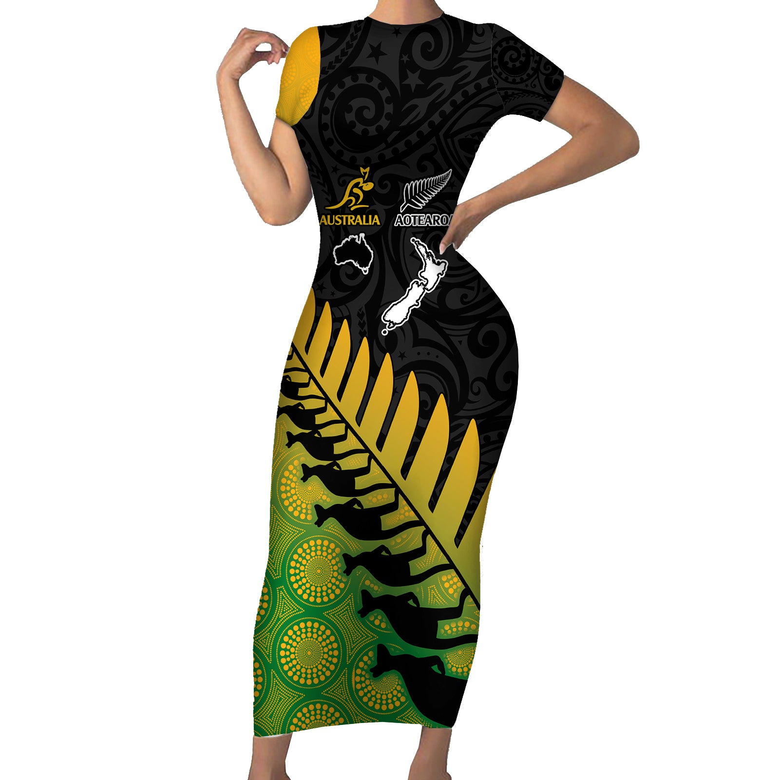 Australia Wallabies and Aotearoa Rugby Short Sleeve Bodycon Dress Kangaroo Black Fern Maori Gradient Vibe LT9 Long Dress Gradient - Polynesian Pride