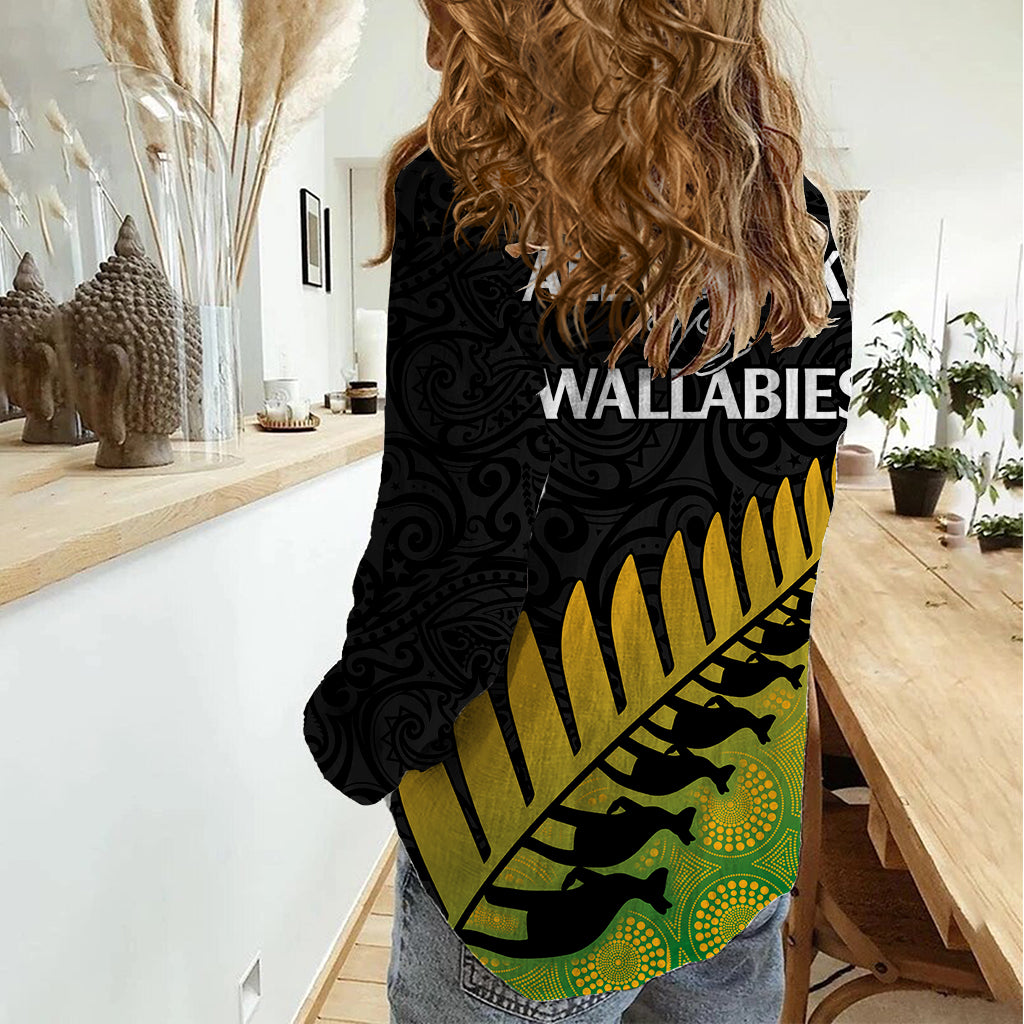 Australia Wallabies and Aotearoa Rugby Women Casual Shirt Kangaroo Black Fern Maori Gradient Vibe LT9 - Polynesian Pride