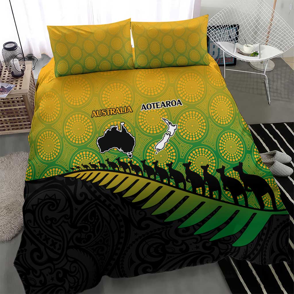 Australia New Zealand Rugby Bedding Set Gradient Aboriginal Wallabies and Maori Black Fern - Polynesian Pride