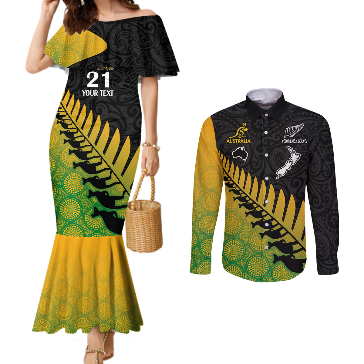 Custom Australia Wallabies and Aotearoa Rugby Couples Matching Mermaid Dress and Long Sleeve Button Shirts Kangaroo Black Fern Maori Gradient Vibe LT9 Gradient - Polynesian Pride