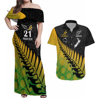 Custom Australia Wallabies and Aotearoa Rugby Couples Matching Off Shoulder Maxi Dress and Hawaiian Shirt Kangaroo Black Fern Maori Gradient Vibe LT9 Gradient - Polynesian Pride