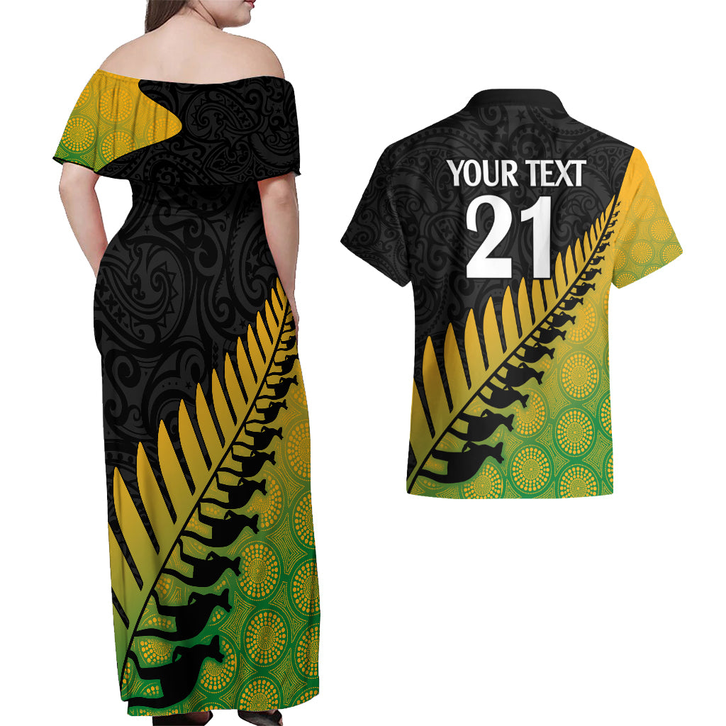 Custom Australia Wallabies and Aotearoa Rugby Couples Matching Off Shoulder Maxi Dress and Hawaiian Shirt Kangaroo Black Fern Maori Gradient Vibe LT9 - Polynesian Pride