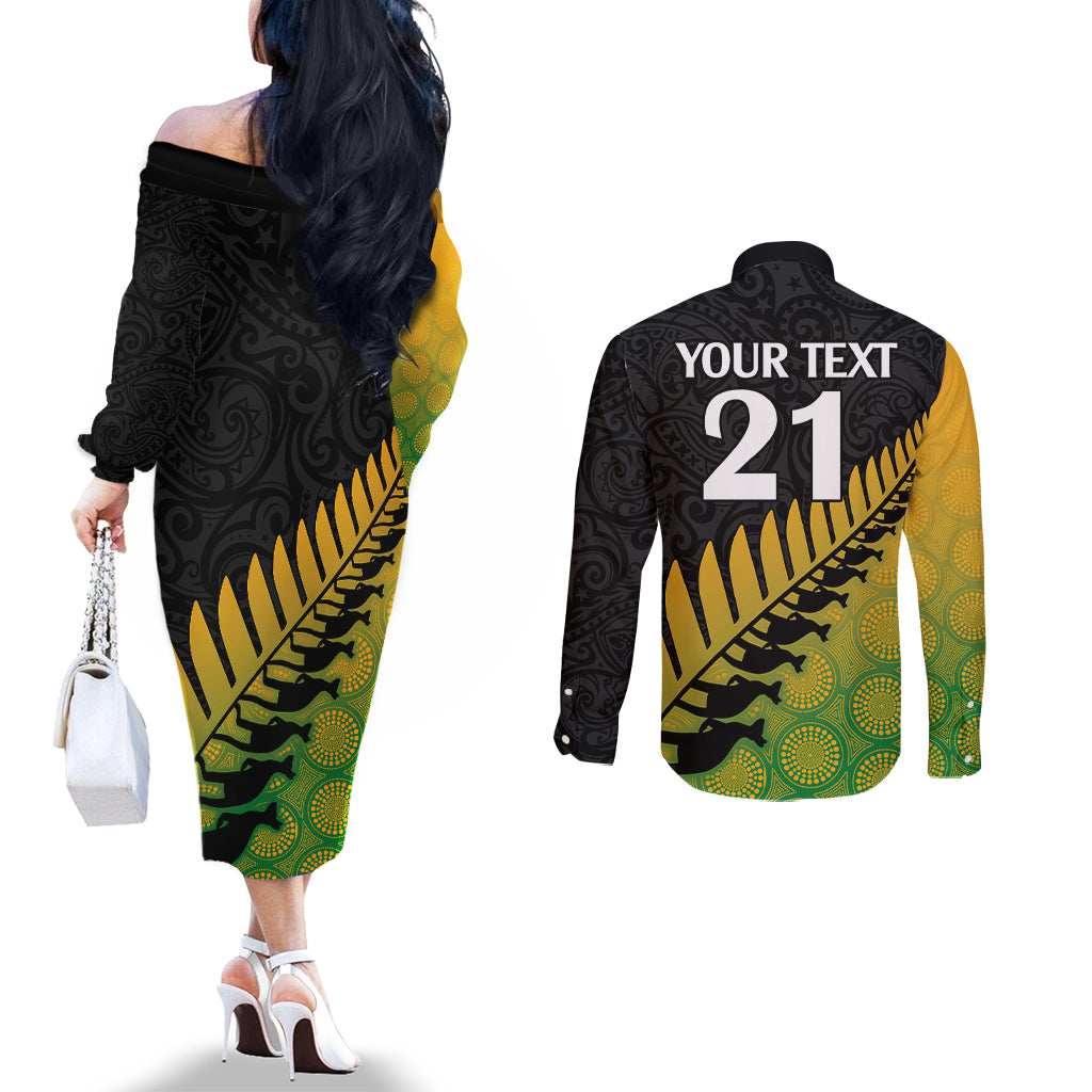 Custom Australia Wallabies and Aotearoa Rugby Couples Matching Off The Shoulder Long Sleeve Dress and Long Sleeve Button Shirts Kangaroo Black Fern Maori Gradient Vibe LT9 - Polynesian Pride