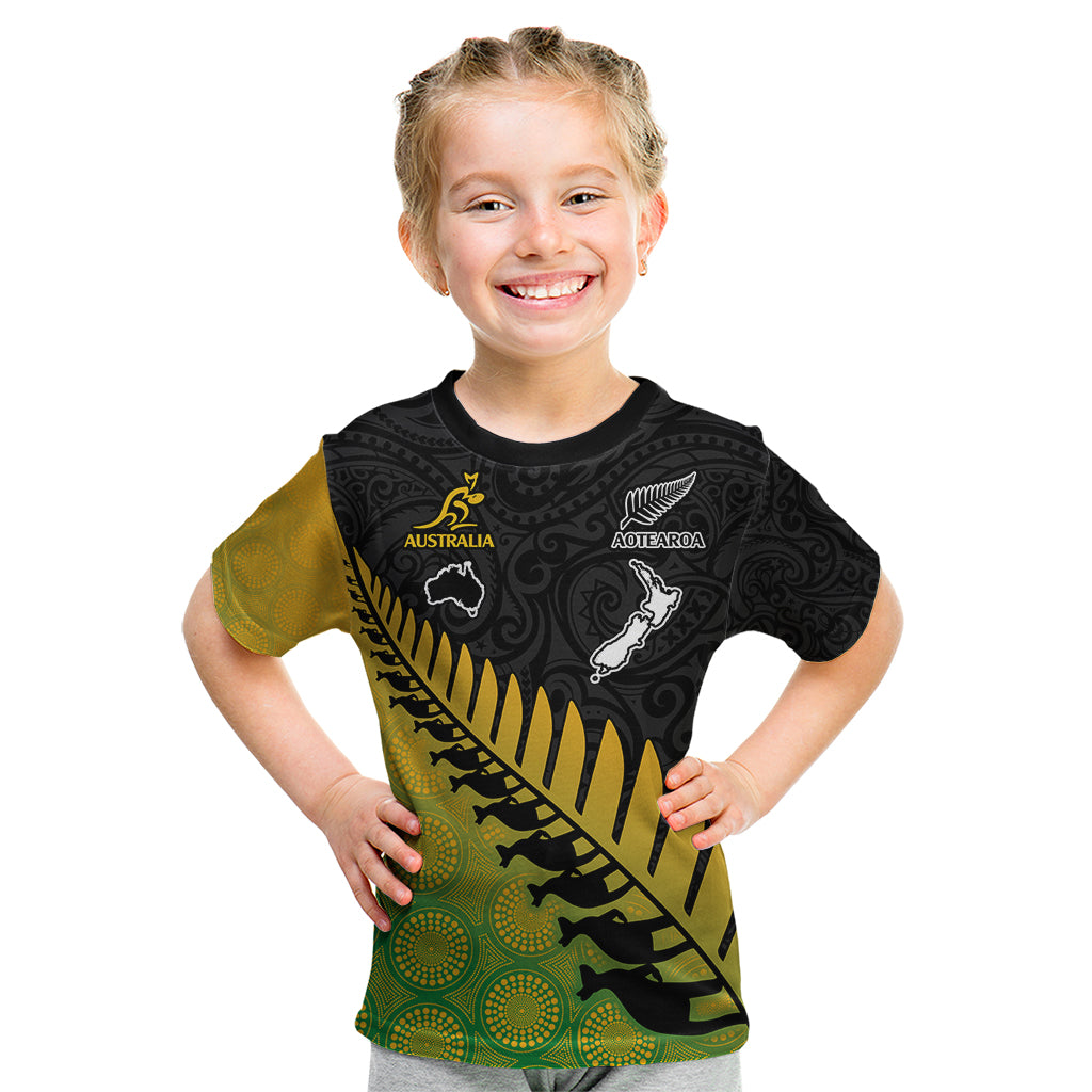 Custom Australia Wallabies and Aotearoa Rugby Kid T Shirt Kangaroo Black Fern Maori Gradient Vibe LT9 Gradient - Polynesian Pride