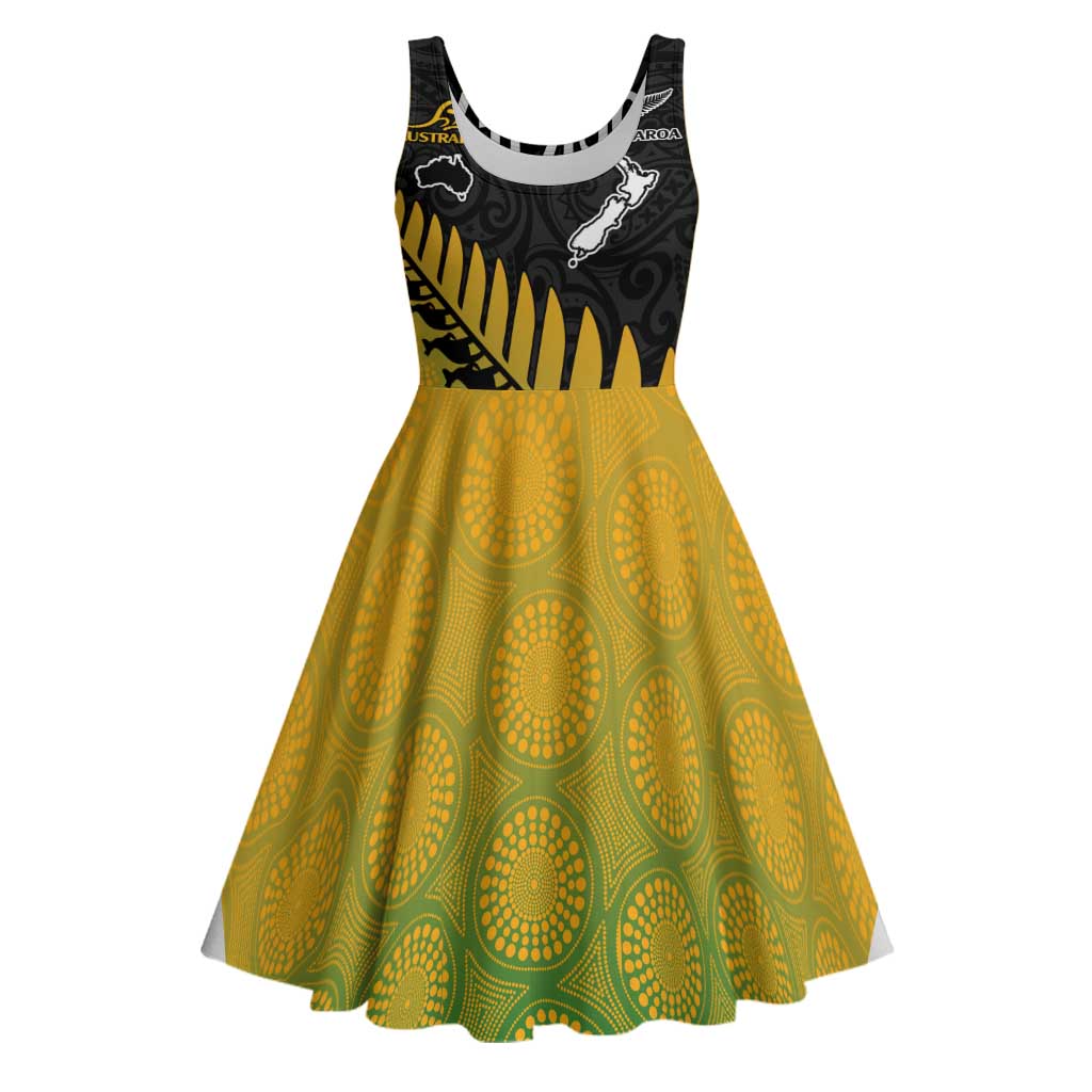 Australia New Zealand Rugby Midi Dress Gradient Aboriginal Wallabies and Maori Black Fern - Polynesian Pride