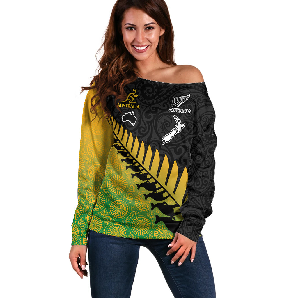 Custom Australia Wallabies and Aotearoa Rugby Off Shoulder Sweater Kangaroo Black Fern Maori Gradient Vibe LT9 Women Gradient - Polynesian Pride