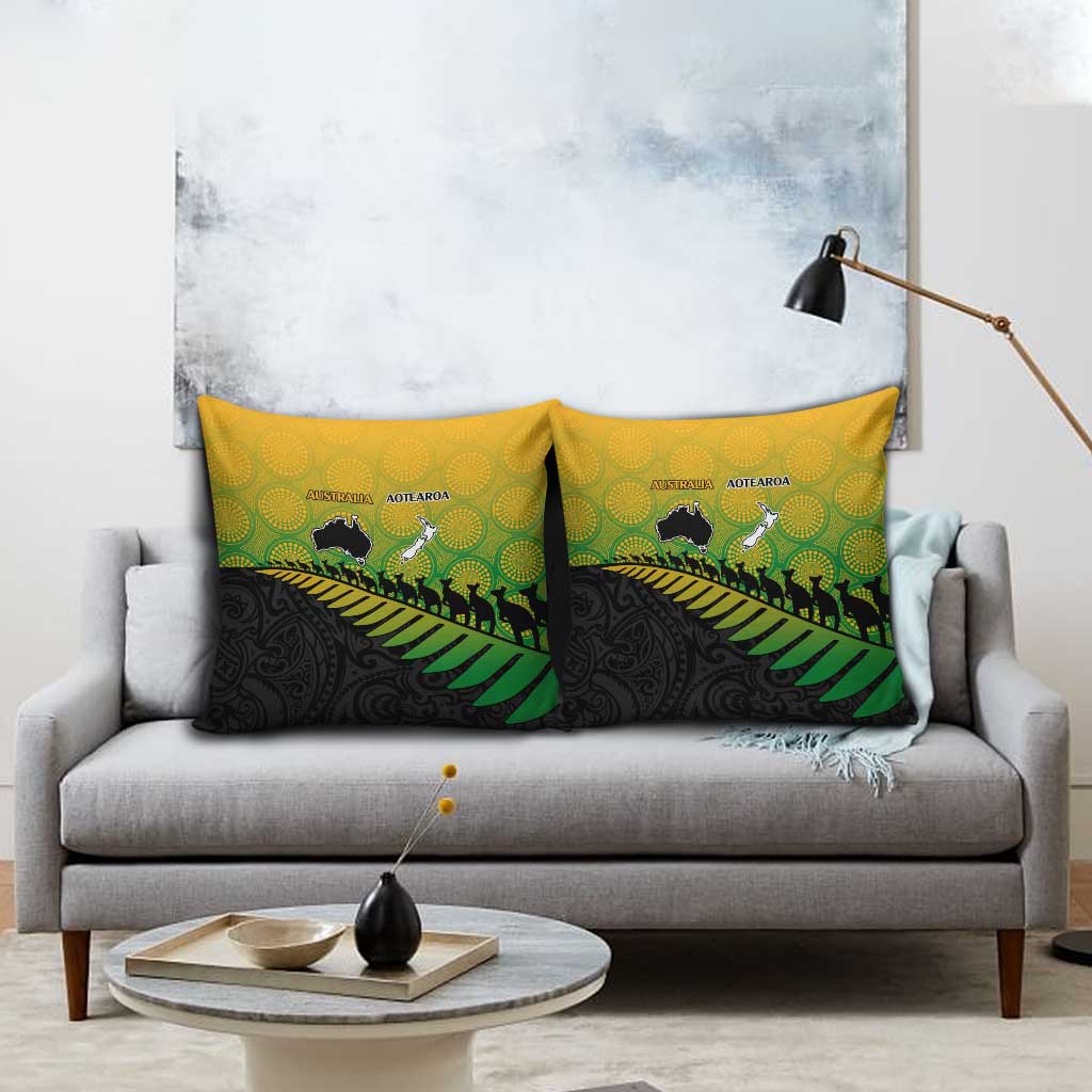 Australia New Zealand Rugby Pillow Cover Gradient Aboriginal Wallabies and Maori Black Fern - Polynesian Pride