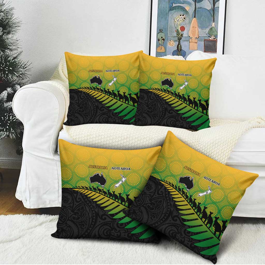 Australia New Zealand Rugby Pillow Cover Gradient Aboriginal Wallabies and Maori Black Fern - Polynesian Pride