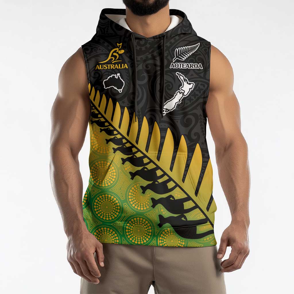 Australia New Zealand Rugby Sleeveless Hoodie Gradient Aboriginal Wallabies and Maori Black Fern - Polynesian Pride