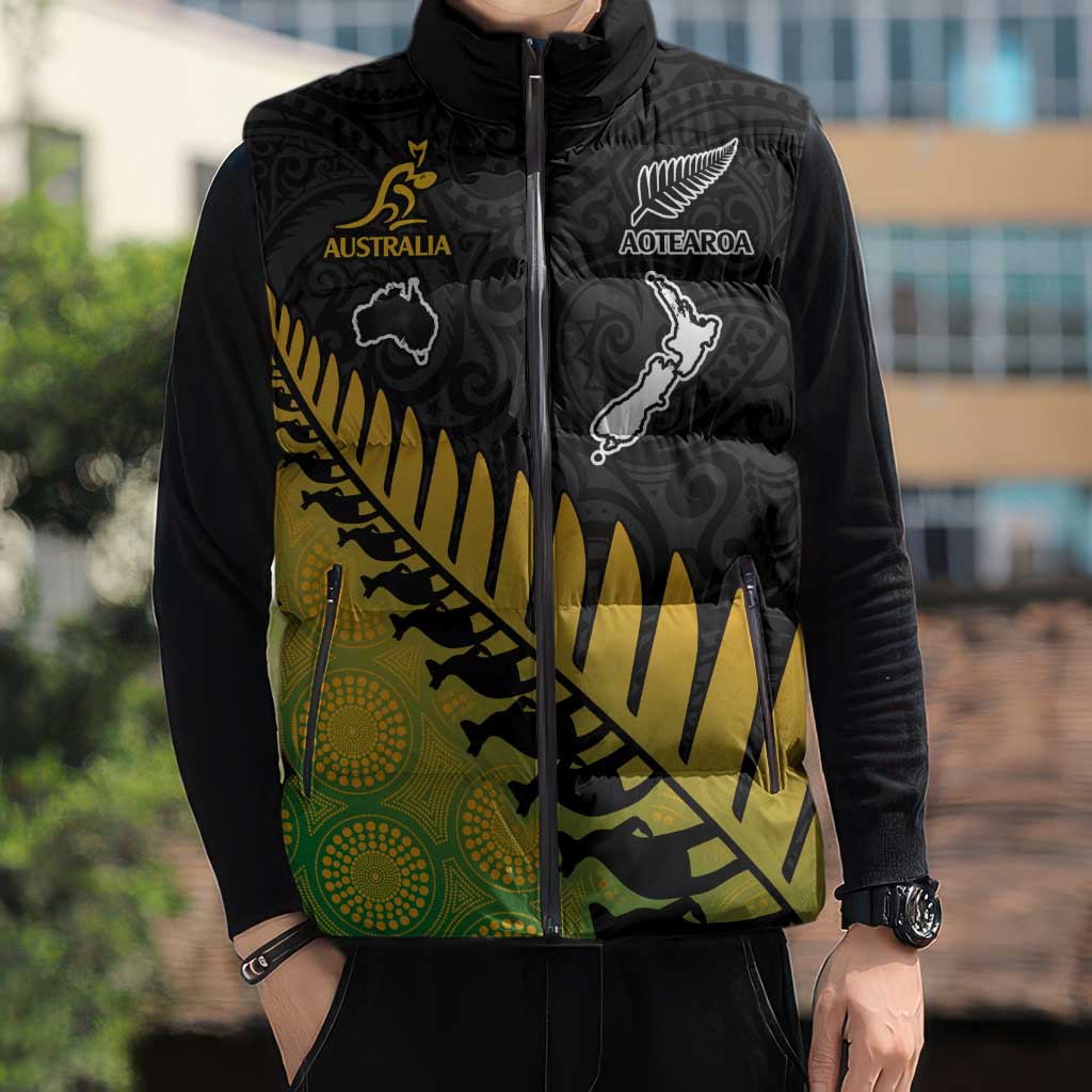 Australia New Zealand Rugby Sleeveless Puffer Jacket Gradient Aboriginal Wallabies and Maori Black Fern - Polynesian Pride