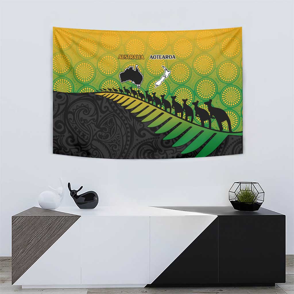 Australia New Zealand Rugby Tapestry Gradient Aboriginal Wallabies and Maori Black Fern - Polynesian Pride