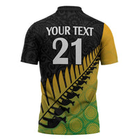 Australia New Zealand Rugby Zipper Polo Shirt Gradient Aboriginal Wallabies and Maori Black Fern - Polynesian Pride