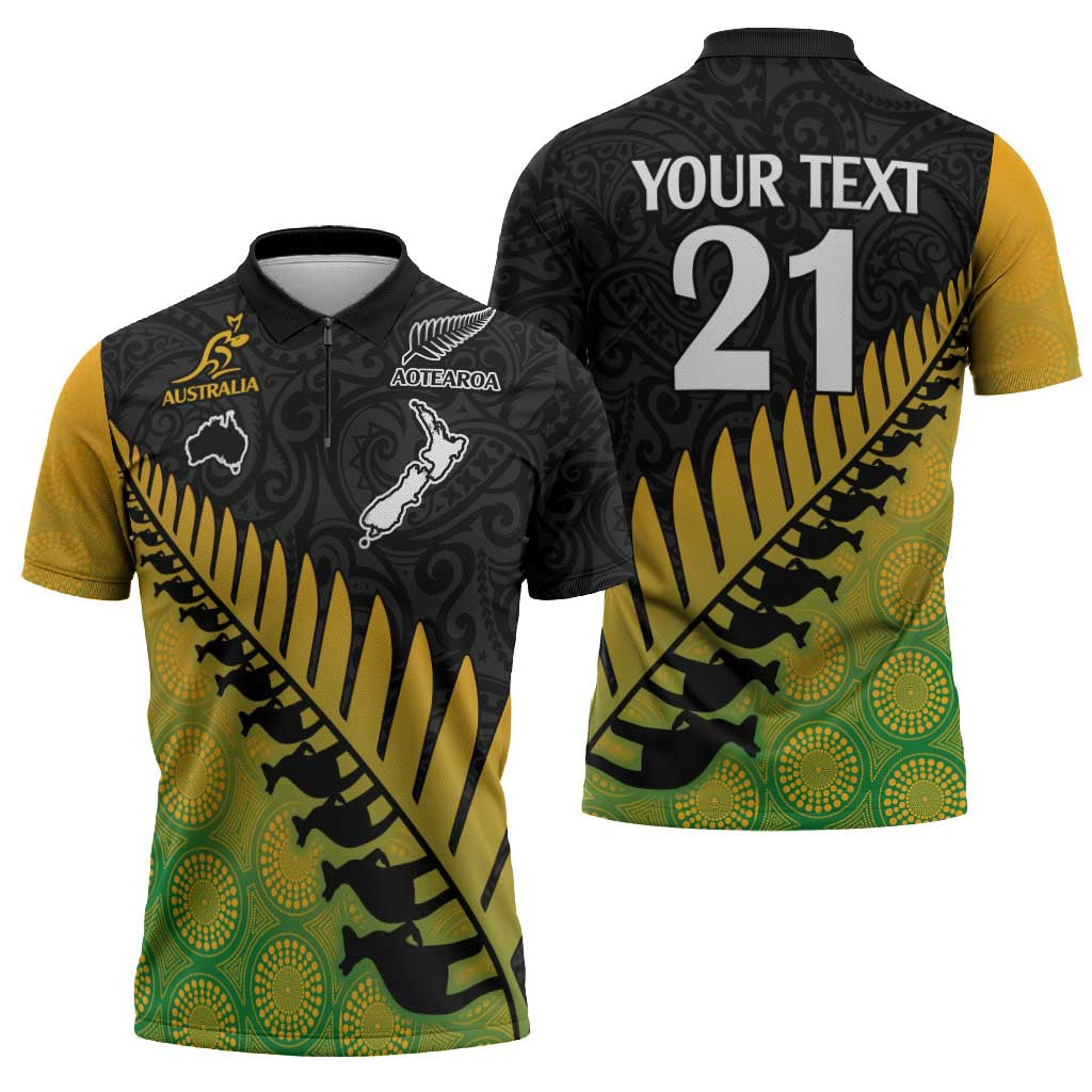 Australia New Zealand Rugby Zipper Polo Shirt Gradient Aboriginal Wallabies and Maori Black Fern - Polynesian Pride