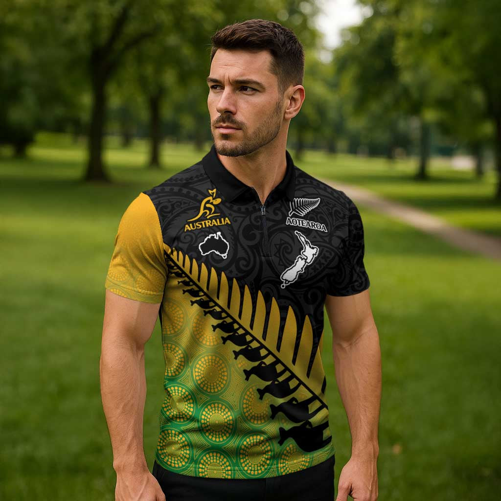 Australia New Zealand Rugby Zipper Polo Shirt Gradient Aboriginal Wallabies and Maori Black Fern - Polynesian Pride
