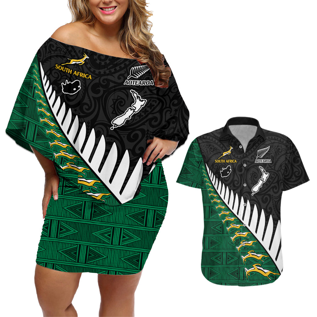 South Africa and Aotearoa Rugby Couples Matching Off Shoulder Short Dress and Hawaiian Shirt Springboks Black Fern Maori Vibe LT9 Black - Polynesian Pride