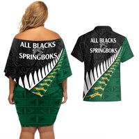 South Africa and Aotearoa Rugby Couples Matching Off Shoulder Short Dress and Hawaiian Shirt Springboks Black Fern Maori Vibe LT9 - Polynesian Pride