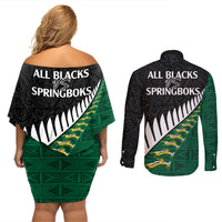 South Africa and Aotearoa Rugby Couples Matching Off Shoulder Short Dress and Long Sleeve Button Shirts Springboks Black Fern Maori Vibe LT9 - Polynesian Pride
