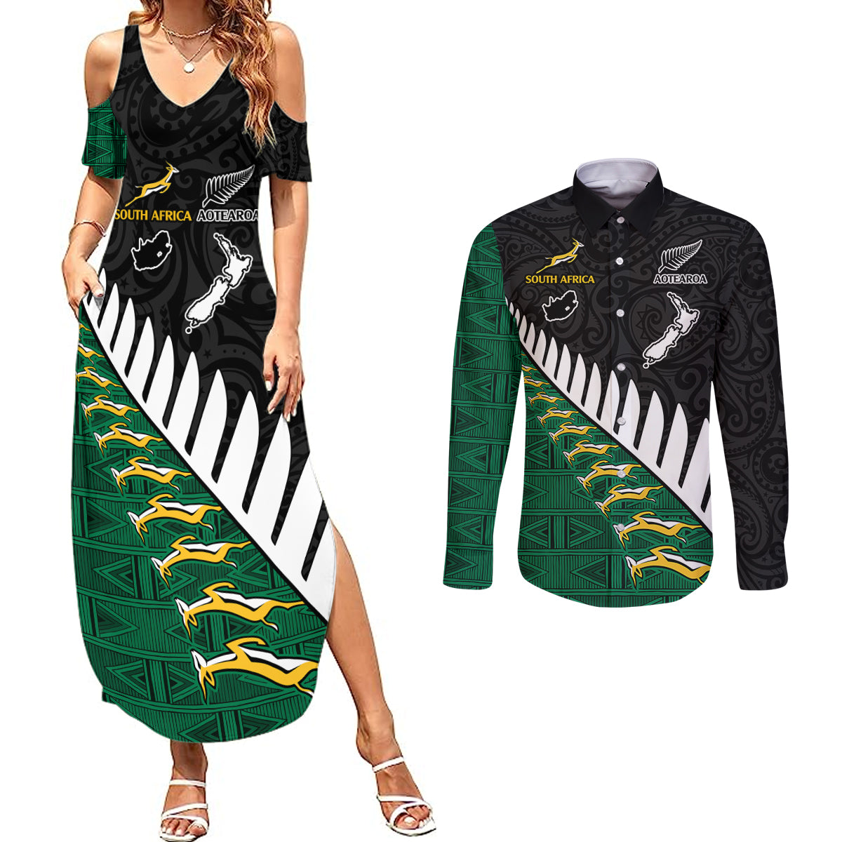 South Africa and Aotearoa Rugby Couples Matching Summer Maxi Dress and Long Sleeve Button Shirts Springboks Black Fern Maori Vibe LT9 Black - Polynesian Pride