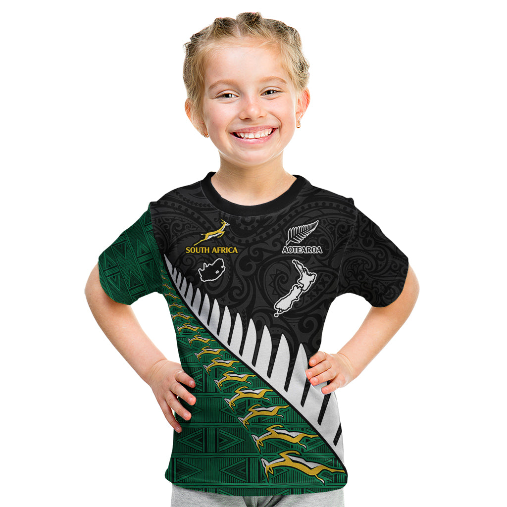 South Africa and Aotearoa Rugby Kid T Shirt Springboks Black Fern Maori Vibe LT9 Black - Polynesian Pride