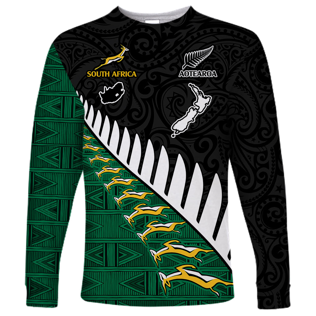 South Africa and Aotearoa Rugby Long Sleeve Shirt Springboks Black Fern Maori Vibe LT9 Unisex Black - Polynesian Pride