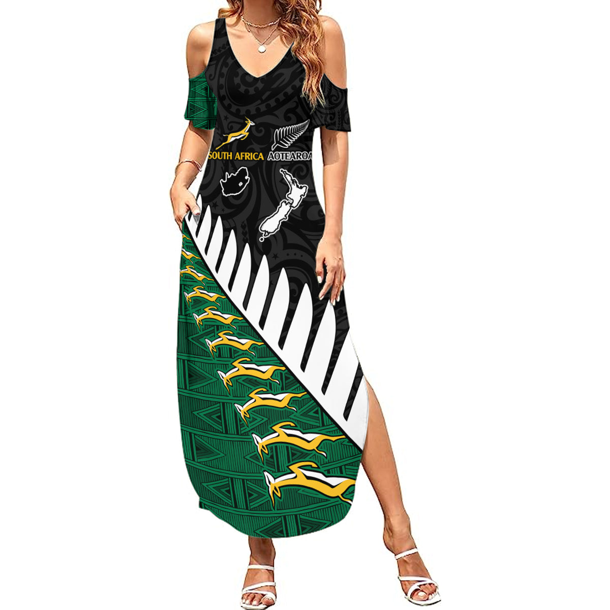 South Africa and Aotearoa Rugby Summer Maxi Dress Springboks Black Fern Maori Vibe LT9 Women Black - Polynesian Pride