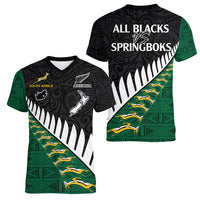 South Africa and Aotearoa Rugby Women V Neck T Shirt Springboks Black Fern Maori Vibe LT9 - Polynesian Pride