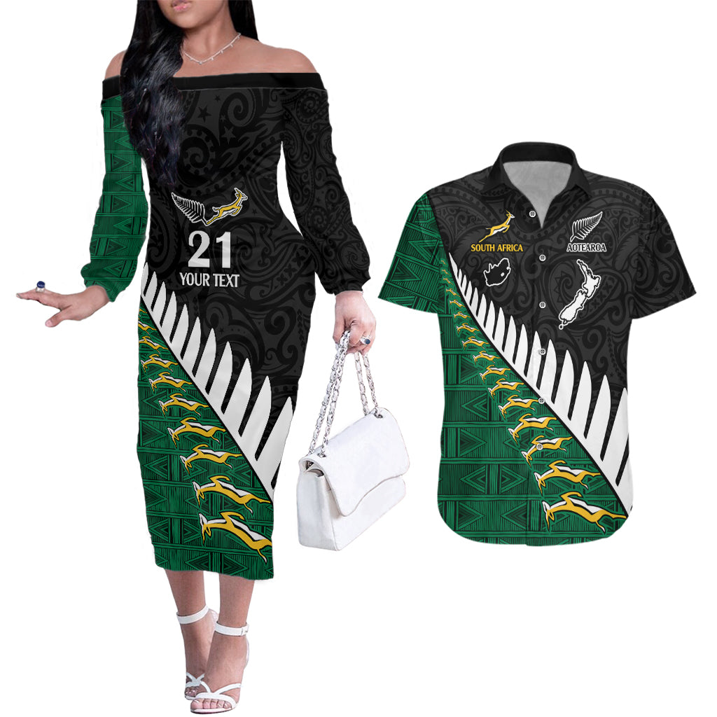 Custom South Africa and Aotearoa Rugby Couples Matching Off The Shoulder Long Sleeve Dress and Hawaiian Shirt Springboks Black Fern Maori Vibe LT9 Black - Polynesian Pride