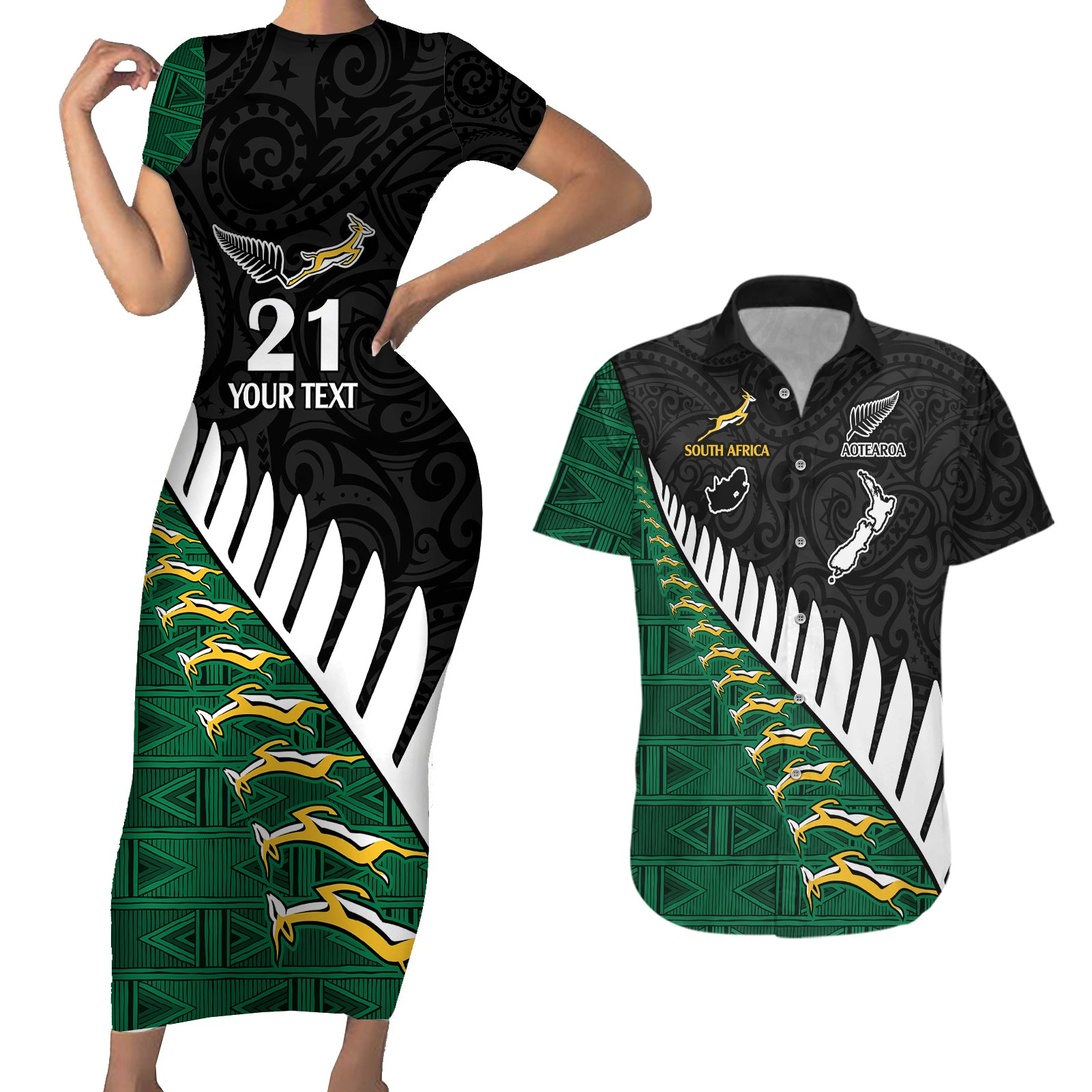 Custom South Africa and Aotearoa Rugby Couples Matching Short Sleeve Bodycon Dress and Hawaiian Shirt Springboks Black Fern Maori Vibe LT9 Black - Polynesian Pride