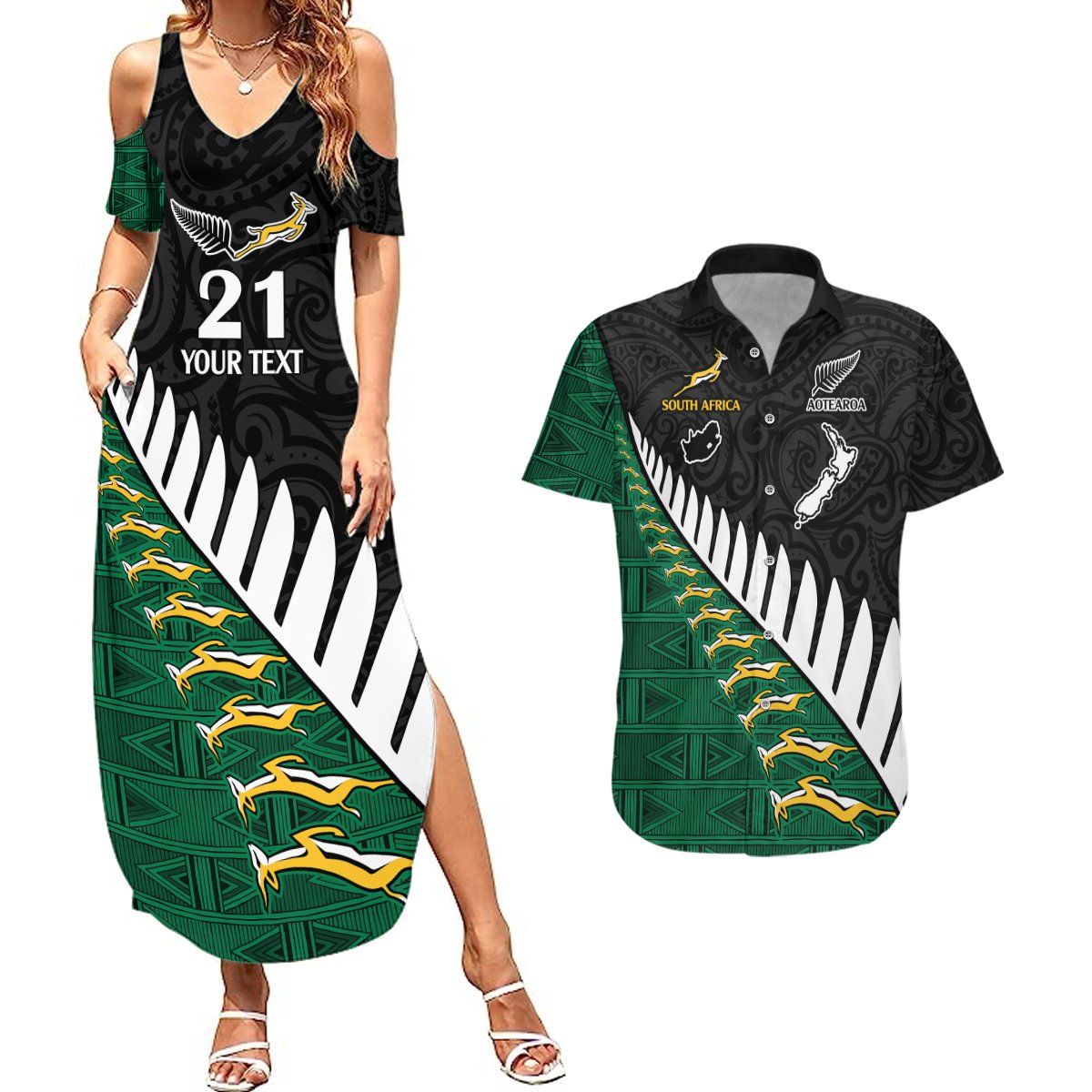 Custom South Africa and Aotearoa Rugby Couples Matching Summer Maxi Dress and Hawaiian Shirt Springboks Black Fern Maori Vibe LT9 Black - Polynesian Pride