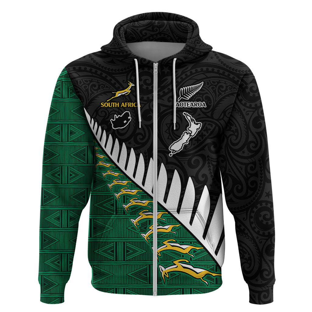 Custom South Africa and Aotearoa Rugby Hoodie Springboks Black Fern Maori Vibe LT9 Zip Hoodie Black - Polynesian Pride