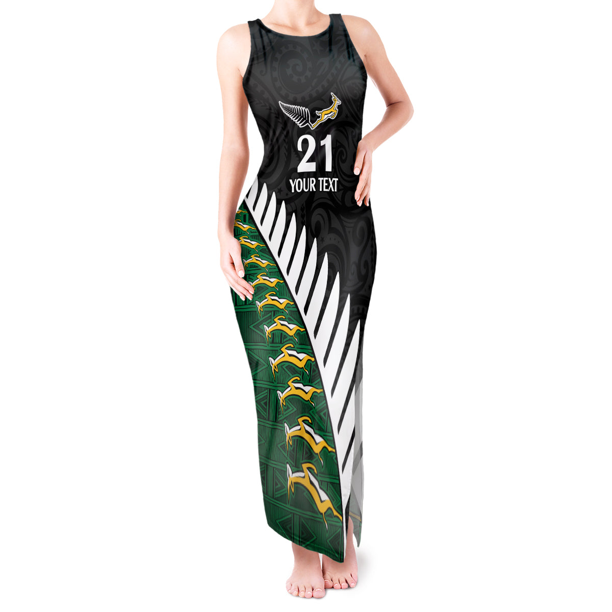 Custom South Africa and Aotearoa Rugby Tank Maxi Dress Springboks Black Fern Maori Vibe LT9 Women Black - Polynesian Pride