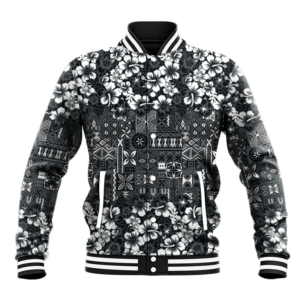 Black Hawaiian Tapa Tribal Hibiscus Baseball Jacket