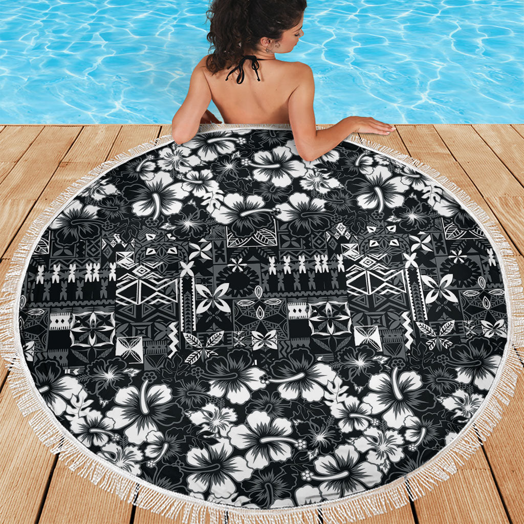Black Hawaiian Tapa Tribal Hibiscus Beach Blanket