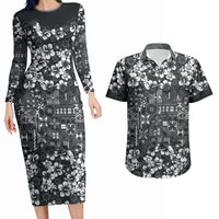 Black Hawaiian Tapa Tribal Hibiscus Couples Matching Long Sleeve Bodycon Dress and Hawaiian Shirt