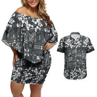 Black Hawaiian Tapa Tribal Hibiscus Couples Matching Off Shoulder Short Dress and Hawaiian Shirt