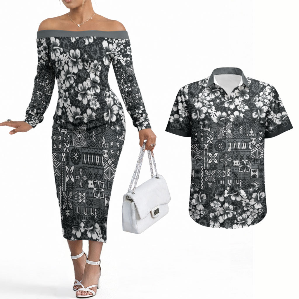 Black Hawaiian Tapa Tribal Hibiscus Couples Matching Off The Shoulder Long Sleeve Dress and Hawaiian Shirt LT9 Black - Polynesian Pride