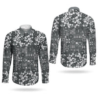 Black Hawaiian Tapa Tribal Hibiscus Couples Matching Off The Shoulder Long Sleeve Dress and Long Sleeve Button Shirt