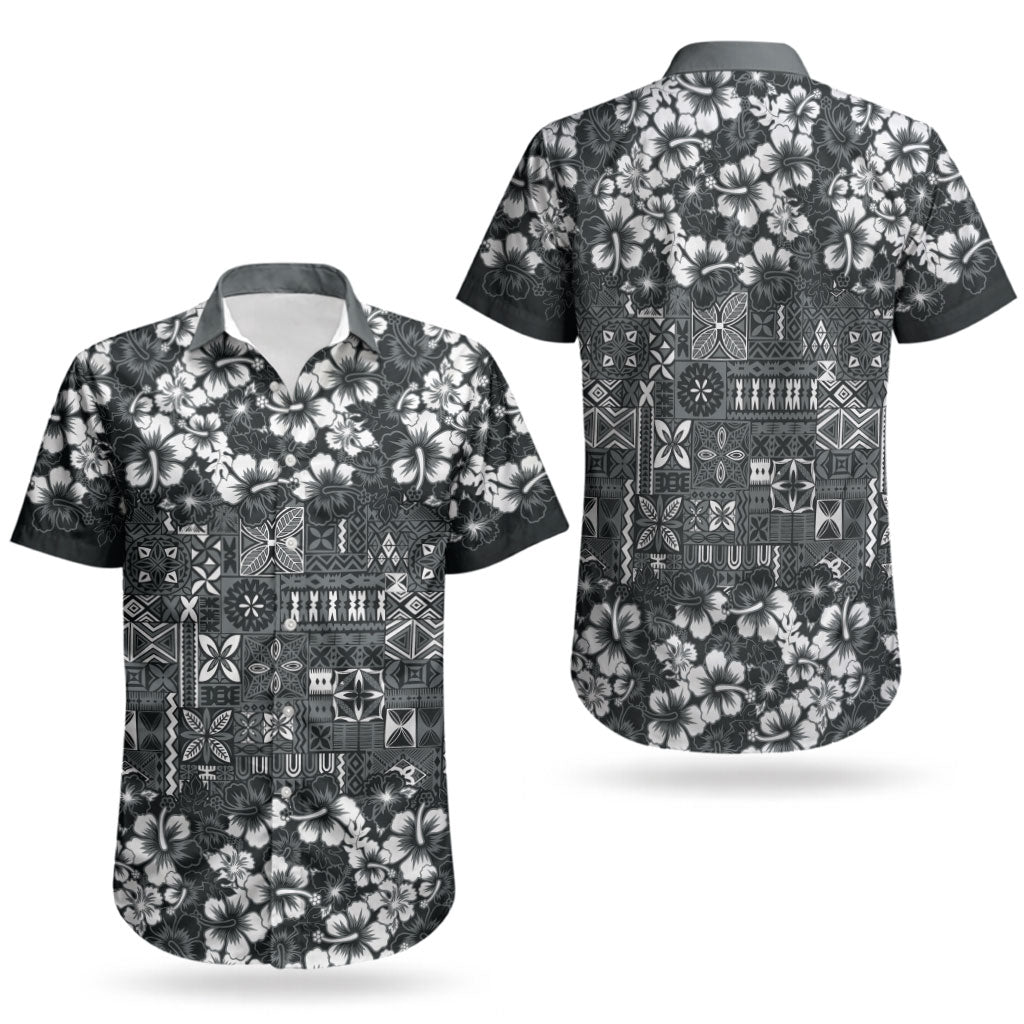 Black Hawaiian Tapa Tribal Hibiscus Couples Matching Short Sleeve Bodycon Dress and Hawaiian Shirt