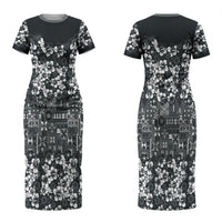 Black Hawaiian Tapa Tribal Hibiscus Couples Matching Short Sleeve Bodycon Dress and Hawaiian Shirt