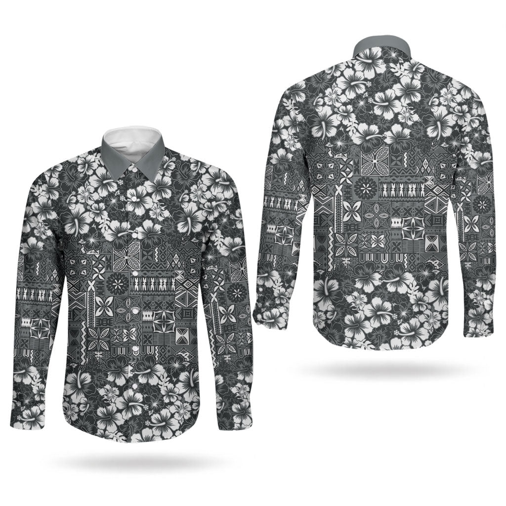 Black Hawaiian Tapa Tribal Hibiscus Couples Matching Short Sleeve Bodycon Dress and Long Sleeve Button Shirt