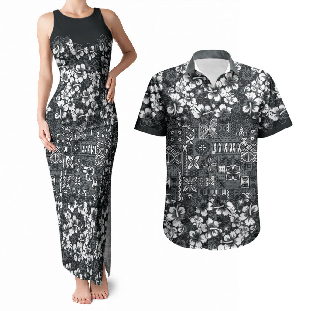 Black Hawaiian Tapa Tribal Hibiscus Couples Matching Tank Maxi Dress and Hawaiian Shirt LT9 Black - Polynesian Pride