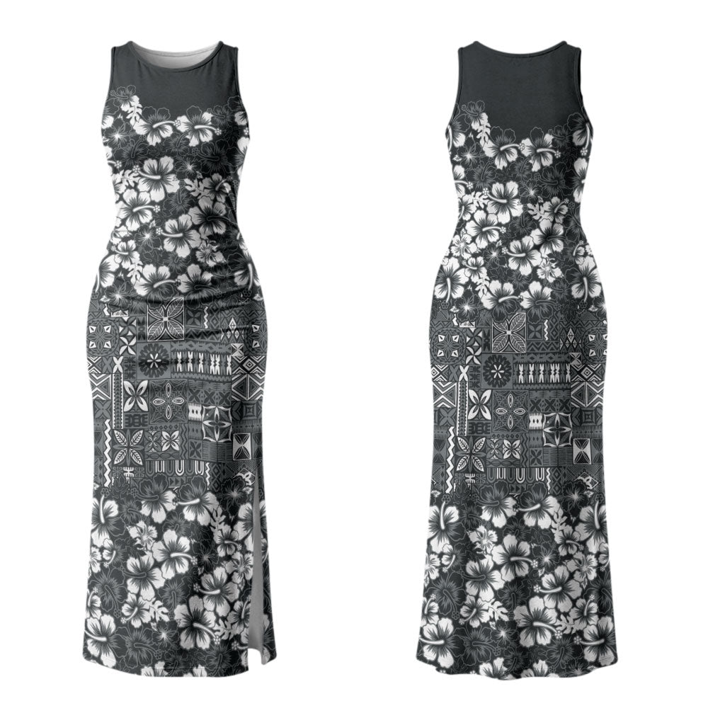 Black Hawaiian Tapa Tribal Hibiscus Couples Matching Tank Maxi Dress and Long Sleeve Button Shirt
