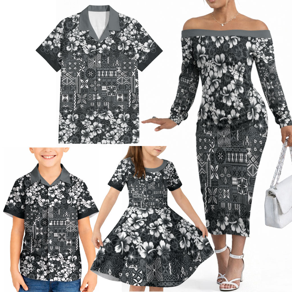 Black Hawaiian Tapa Tribal Hibiscus Family Matching Off The Shoulder Long Sleeve Dress and Hawaiian Shirt